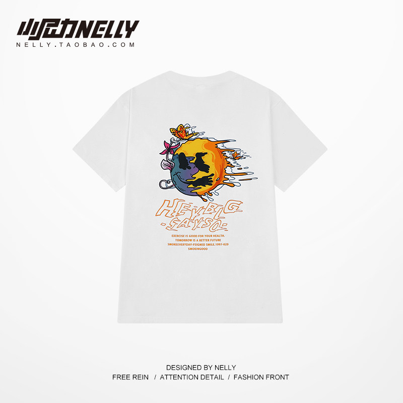 여름 신상품 일본 웃는 얼굴 프린트 반팔 티셔츠 남성용 트렌디 루즈 인 순수 코튼 반소매 탑 남성과 여성 BF