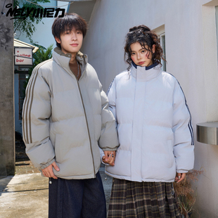 棉衣保暖棉袄情侣装 秋冬季 外套 高街加厚三条杠立领棉服男女款 美式
