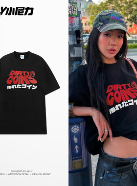 重磅纯棉日系潮流卡通印花半袖t恤上衣情侣装夏季百搭bf风短袖男