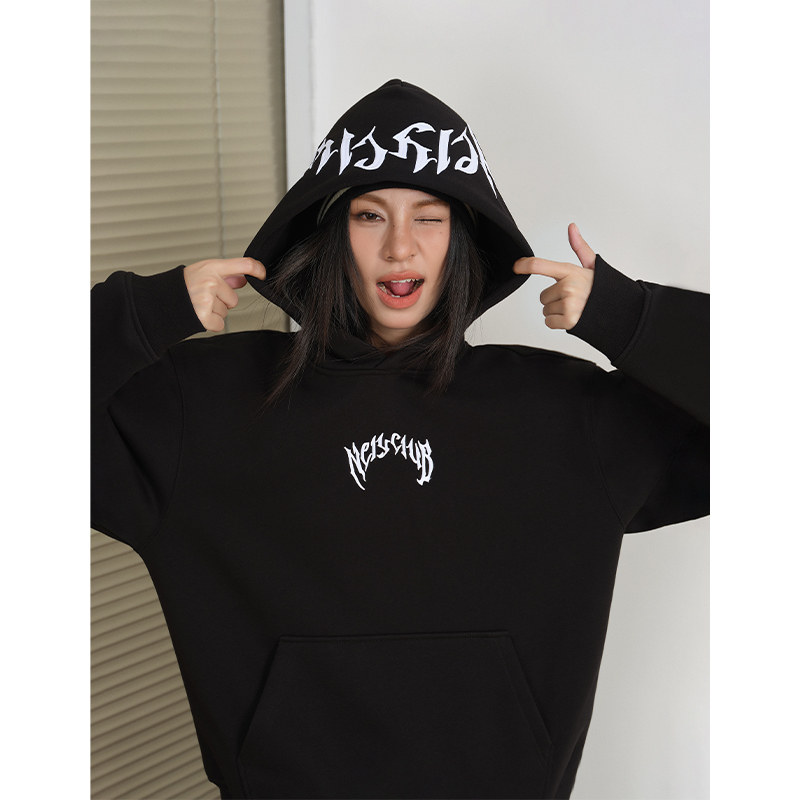 NELY小尼力廓形Logo涂鸦字母美式休闲连帽卫衣秋冬加绒帽衫男女潮