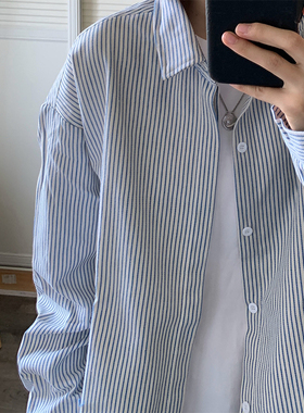 ins条纹衬衫男长袖春秋休闲衬衣港风日系高级感上衣宽松痞帅外套