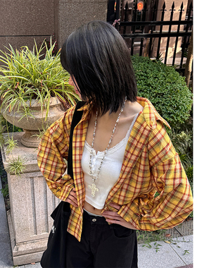 小尼力美式多巴胺黄色格子衬衫男女情侣款开衫上衣外套衬衣男女