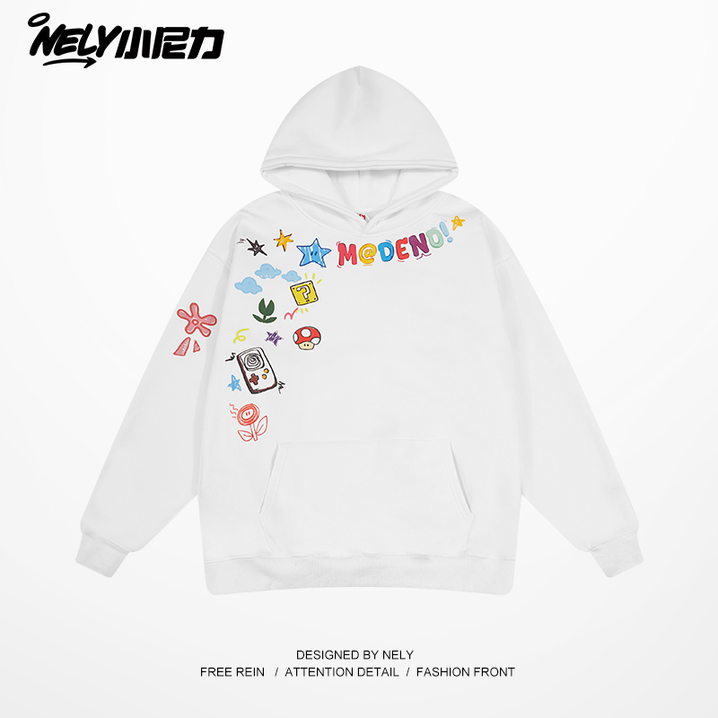 小尼力花卉加绒连帽卫衣