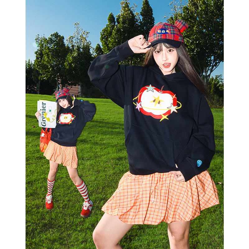 小尼力复古趣味苹果刺绣套头连帽卫衣男女秋季宽松百搭情侣帽衫潮,男装,卫衣,淘宝优惠券,粉丝福利购,淘宝优惠卷