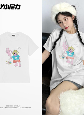 NELY小尼力美式高街卡通人物短袖t恤男女2026新款夏季情侣装上衣