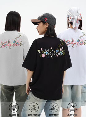 NELY小尼力美式潮牌复古刺绣花卉字母短袖T恤男女夏季情侣上衣服