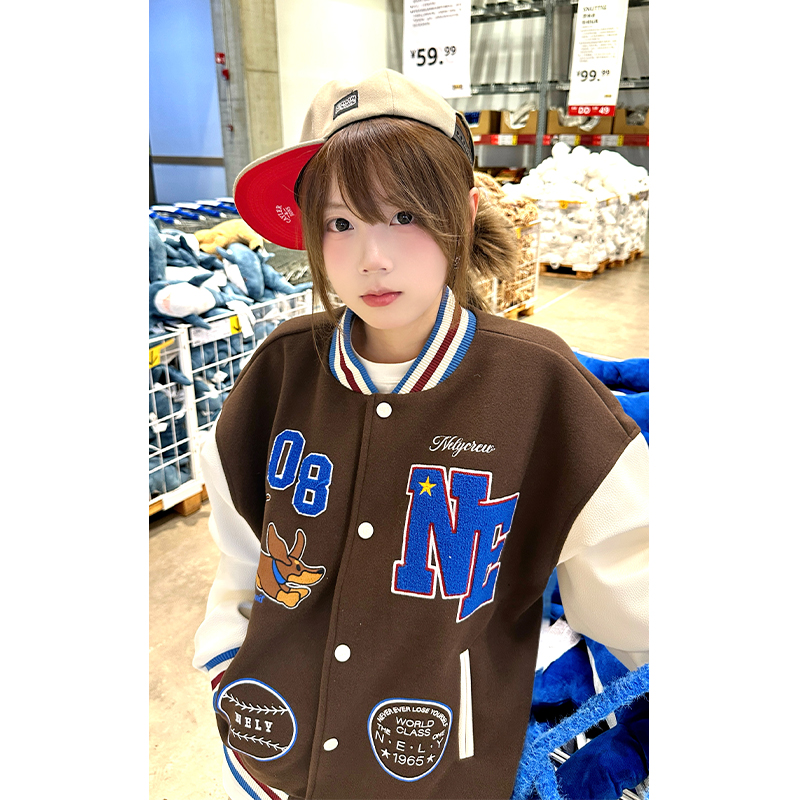 ins腊肠狗重工刺绣美式运动夹棉棒球服外套男女秋季情侣宽松夹克