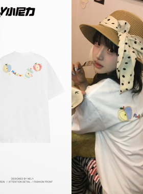 小尼力ins日系甜美苹果印花短袖t恤女夏季宽松可爱少女感百搭半袖