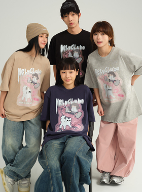 潮牌欧美街头hiphop短袖T恤男女美式卡通猫咪印花情侣圆领半袖bf