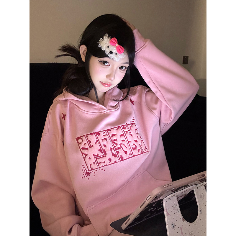 nely小尼力复古秋季新款oversize麂皮毛绒潮牌宽松情侣连帽卫衣男