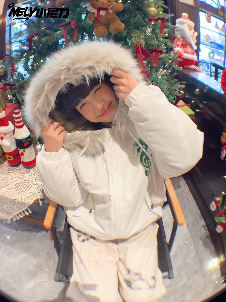 White Fur Collar Four-Leaf Clover Zipper Hooded Jacket for Men and Women, Warm Couple Style Fleece-Lined Coat, Trendy