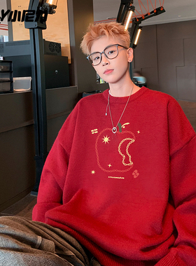 ins美式红色毛衣男款秋冬加厚新年针织衫慵懒高级感打底情侣外套