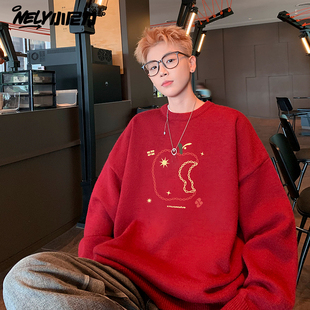 ins美式红色毛衣男款秋冬加厚新年针织衫慵懒高级感打底情侣外套