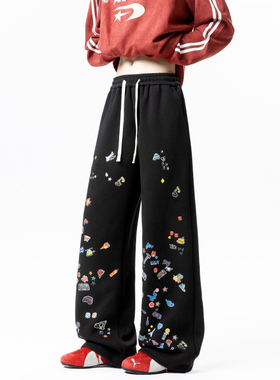 ins美式复古贴纸涂鸦运动卫裤男春秋宽松直筒百搭嘻哈休闲长裤子