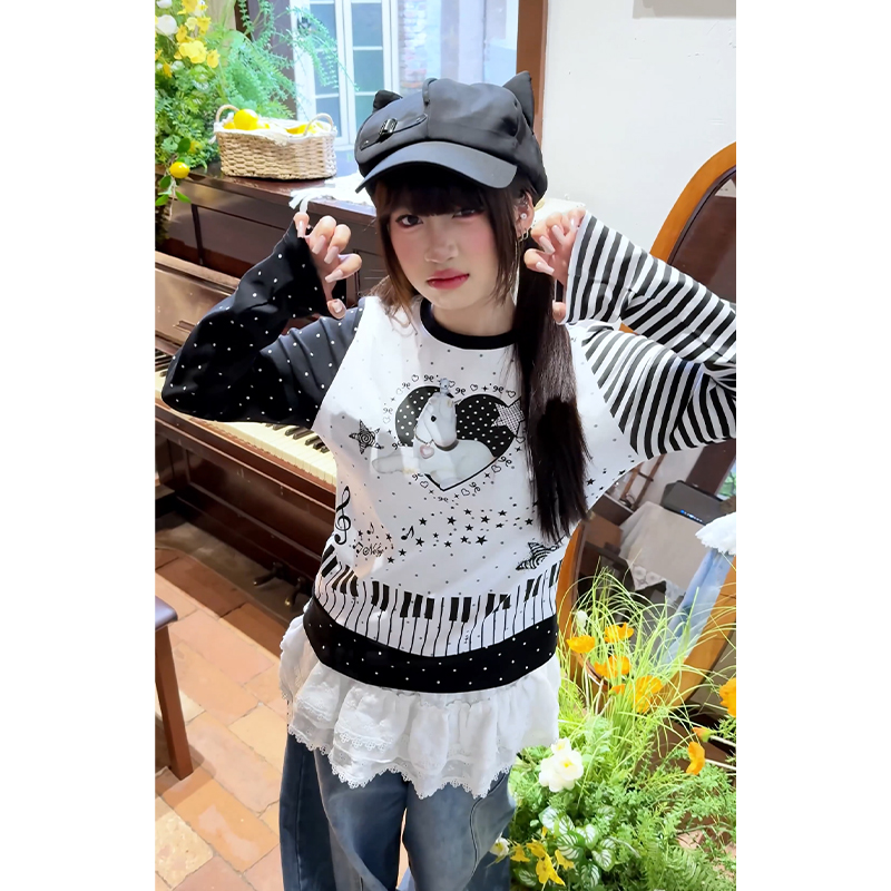 小尼力Y2K钢琴兔子长袖T恤