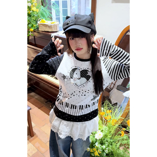 nely小尼力复古钢琴兔子长袖 T恤女Y2K潮星星波点打底上衣春秋季