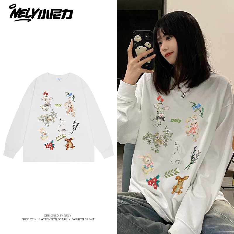 小尼力复古兔子印花长袖T恤