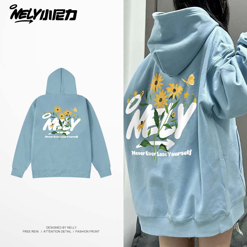 花卉字母印花连帽卫衣