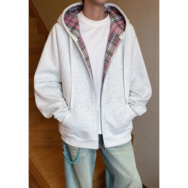 格子美式潮牌外套男士春秋夏季2025新款运动连帽开衫卫衣男生衣服