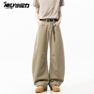 春秋hiphop裤子男款美式复古直筒裤休闲长裤日系卡其色工装裤男生