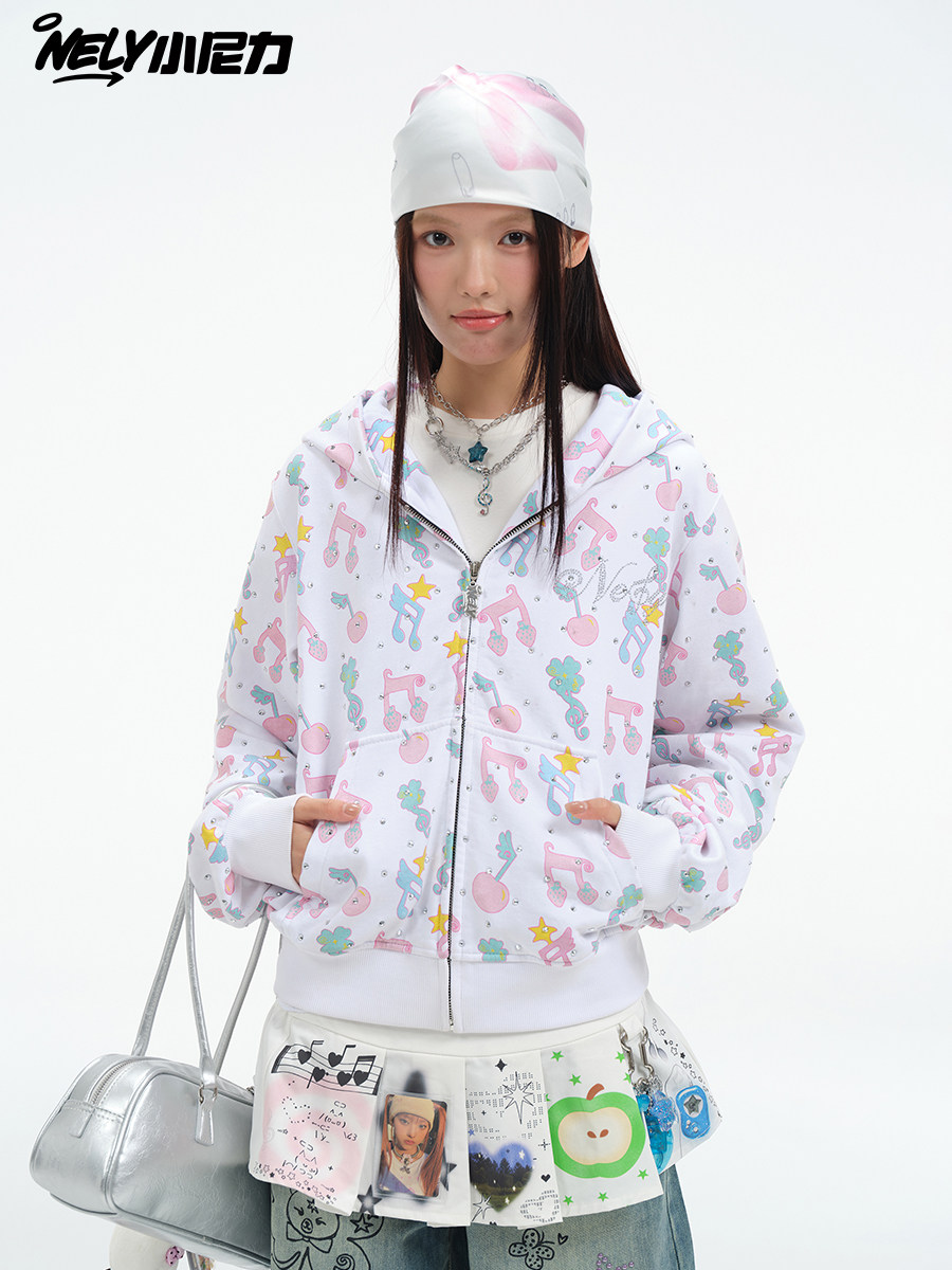 American Street Style Y2K Musical Note Rhinestone Youthful Hooded Sweatshirt Energetic Sweet Cool Cardigan Jacket