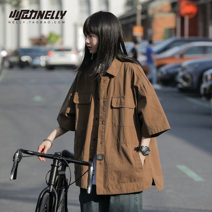 日系潮牌短袖衬衫男女设计感小众纯色休闲外套夏薄款2025新款上衣
