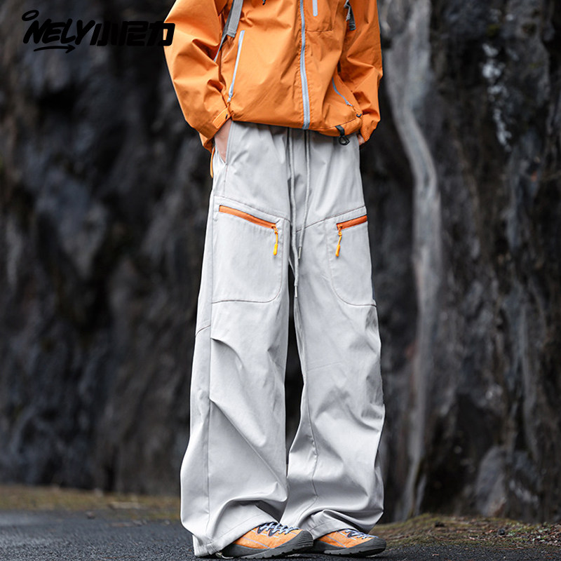 ins侧边拉链冲锋裤男春秋美式薄款透气伞兵裤潮牌大码休闲长裤子