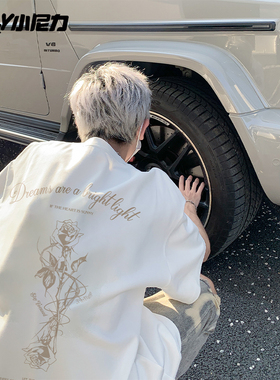 NELY小尼力纯棉短袖t恤男夏季玫瑰印花情侣美式潮牌宽松半袖体恤