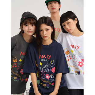 小尼力童趣创意涂鸦印花美式 T恤2026夏减龄男女 复古圆领短袖