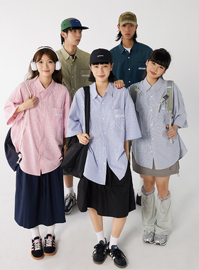 NELY小尼力竖条纹短袖衬衫男女2026夏薄款潮牌痞帅宽松半袖衬衣