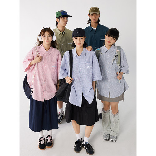 竖条纹短袖衬衫潮牌痞帅