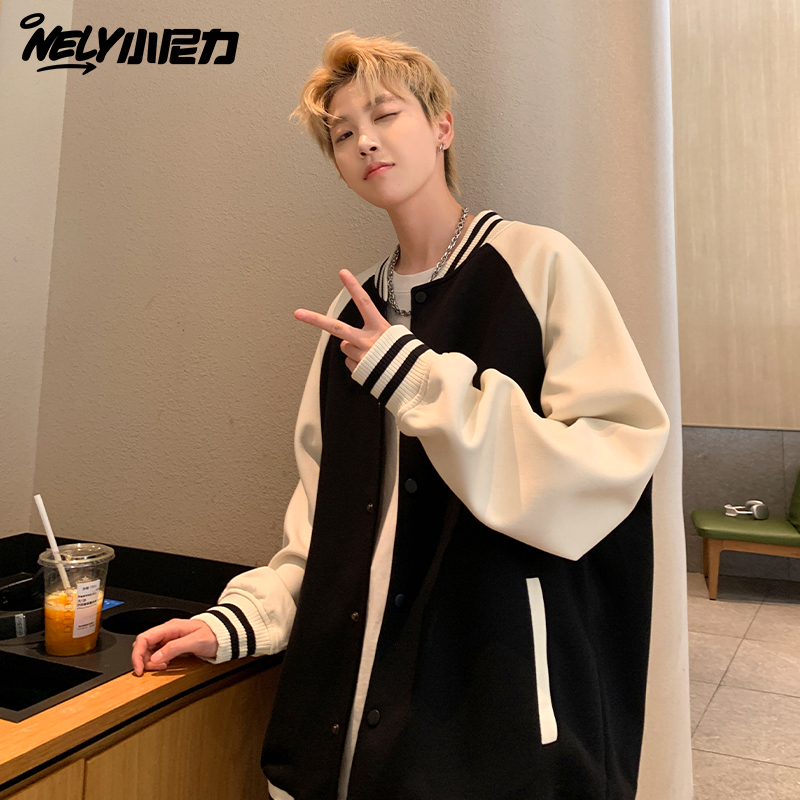 美式撞色拼接棒球服宽松插肩