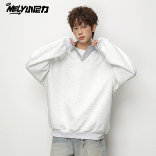 小尼力秋冬新款 假两件重磅cleanfit宽松翻领卫衣套头外套男春秋