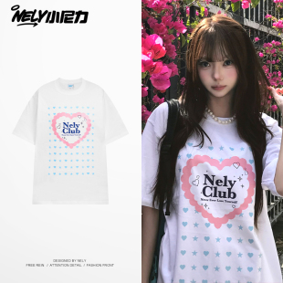 ins重磅100%纯棉短袖 爱心复古体恤上衣 T恤男潮牌ins宽松体恤美式