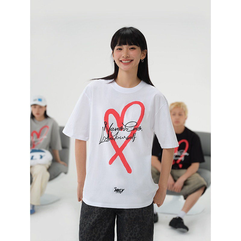 NELY小尼力小众设计感爱心印花短袖T恤夏季宽松男女休闲纯棉半袖