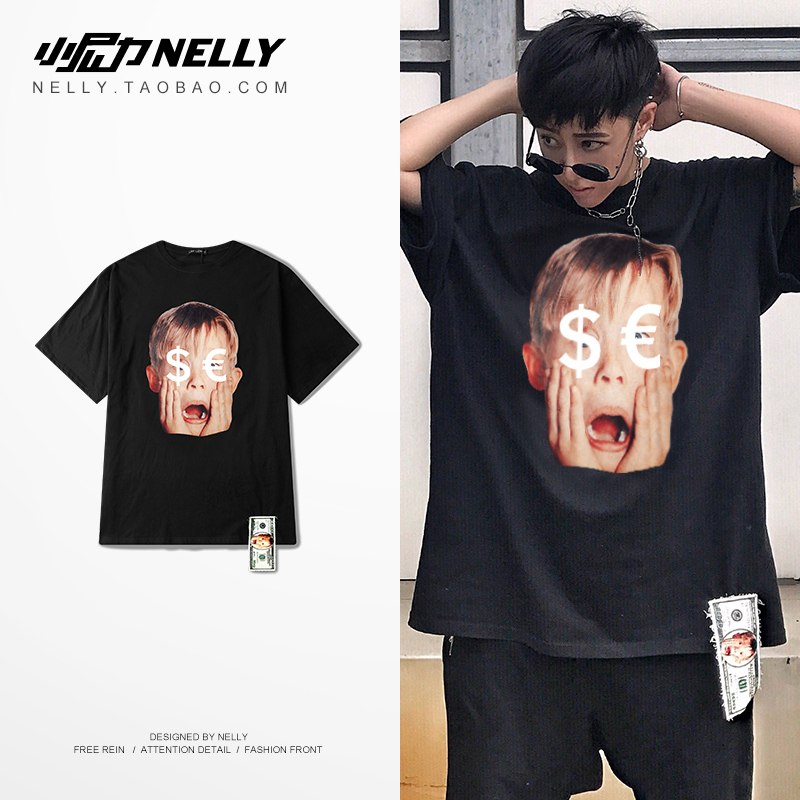 18SS 國潮嘻哈印花美金鈔票飄帶短袖t恤情侶男女寬松人頭人臉tee