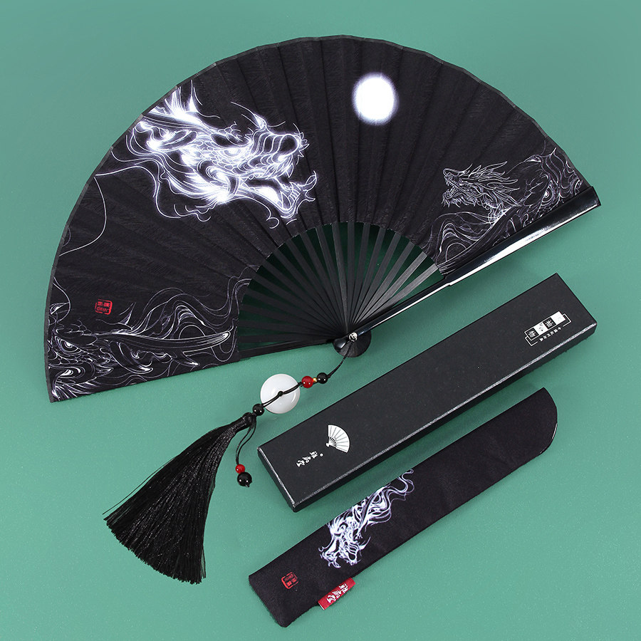 男生霸气龙扇子古风汉服流苏小扇中国风复古折扇女便携折叠扇儿童