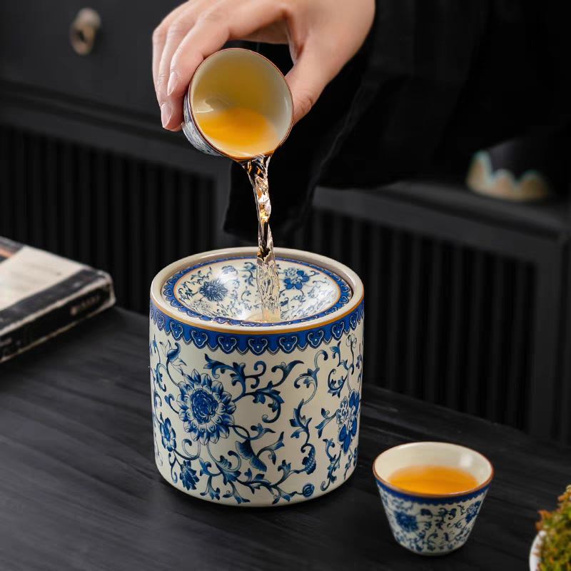 汝窑缠枝莲烟灰缸漏斗茶渣缸废水建水茶洗茶水桶办公室防飞灰烟缸