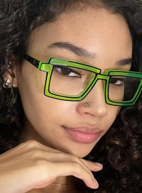 网红方形时尚二次元眼镜框防蓝光眼镜架多色拼色复古方块平光镜