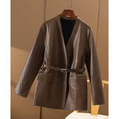 外套女6Q15 意大利荔枝纹羊皮收腰皮衣西装 ￥1890 秒