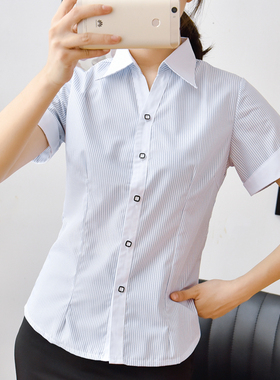 新款春夏季女士短袖衬衫蓝色条纹马蹄袖白领职业装工装免烫收腰ol