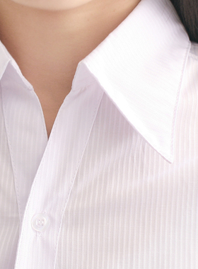 春夏特大码白衬衫女修身收腰V领竖条纹衬衣短袖职业OL长袖工作服