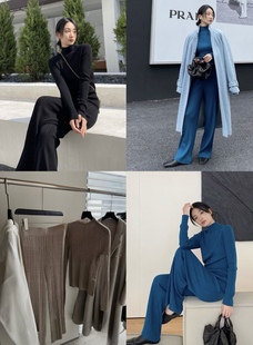 秋冬打底单穿时髦精品~FK坑条羊毛长袖针织衫九分阔腿裤套装