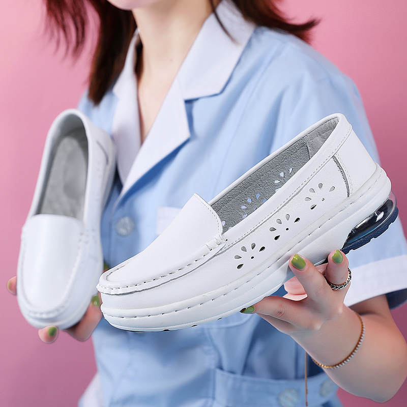 White nurse shoes womens soft sole air cushion comfortable summer breathable wedge heel increased odor proof leather flat sole small white shoes