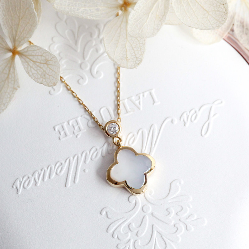 张多多 白贝四叶草镶真钻18k钻石项链 锁骨链 日系精致 正品