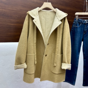 商场同款2025冬季新款中长款毛呢外套连帽大口袋羊绒韩版大衣