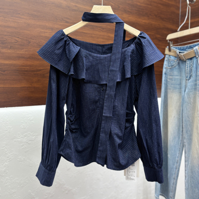 法式轻甜风露肩衬衫2026春季藏青细条纹荷叶边系带上衣芭蕾雨2821