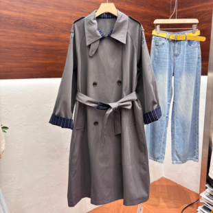 3128芭蕾 休闲宽松大衣长款 2026翻领拼色格子风衣外套女新款 春韩版