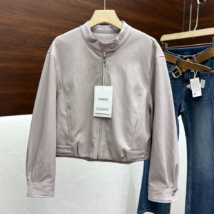 美式 复古机车立领夹克上衣26128 超软蛋白皮外套女2026春小个短款