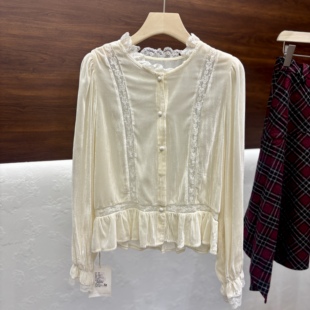 法式蕾丝拼接短款长袖衬衫2026春新款丝绒小衫超好看上衣新89812
